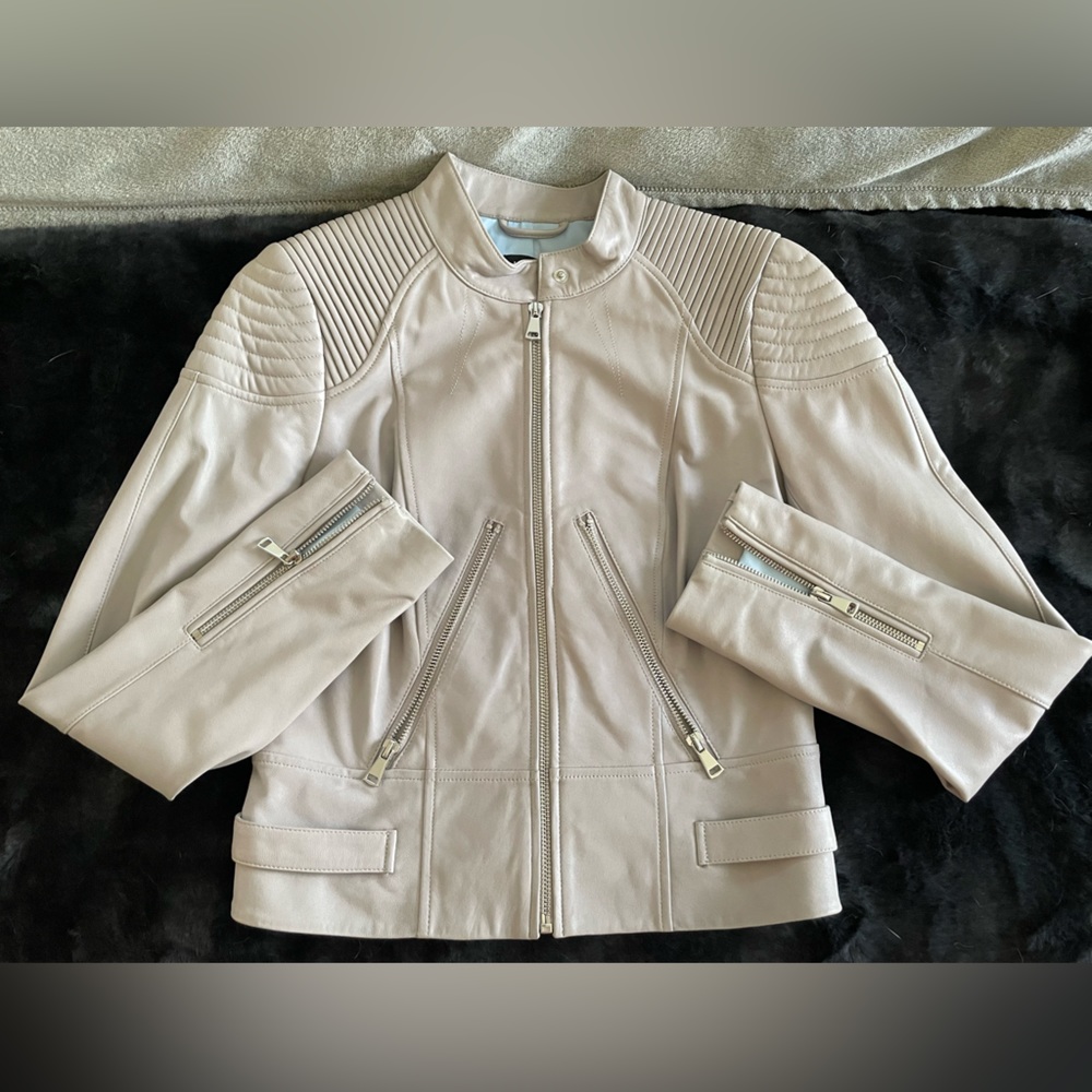 Light gray faux leather bebe bomber jacket